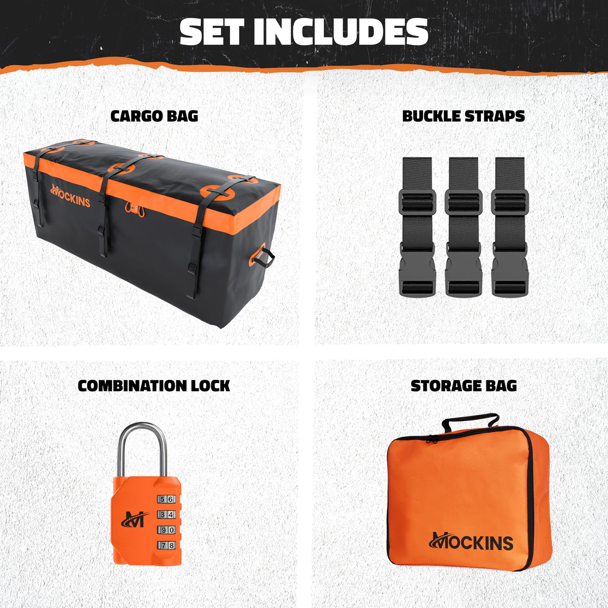 Mockins combination lock and buckle straps securing cargo during transit