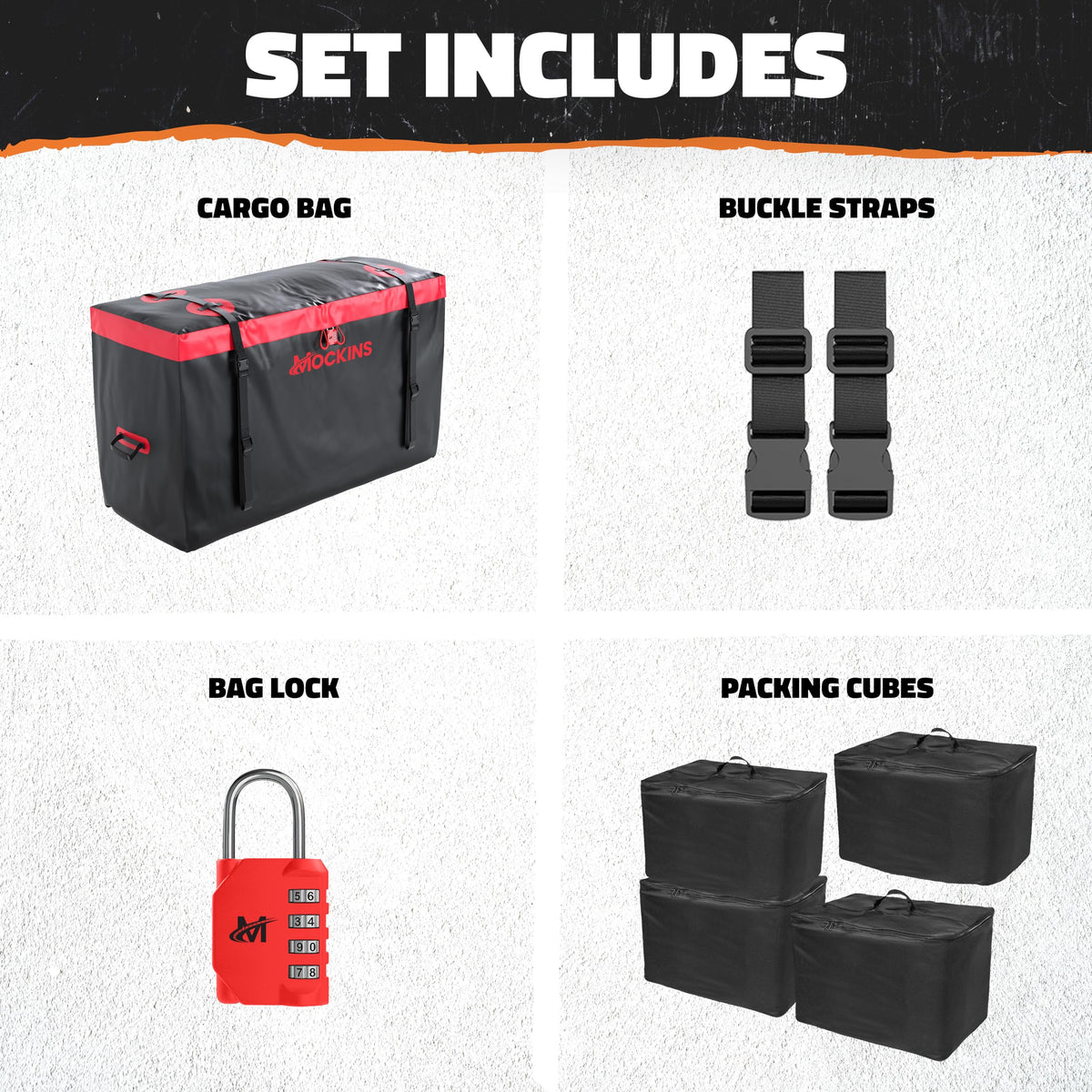 Mockins combination lock and red trim detail offering extra security and visibility