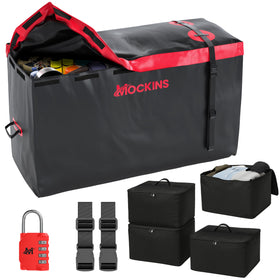Mockins front view of hitch bag showing full capacity and weatherproof build benefits