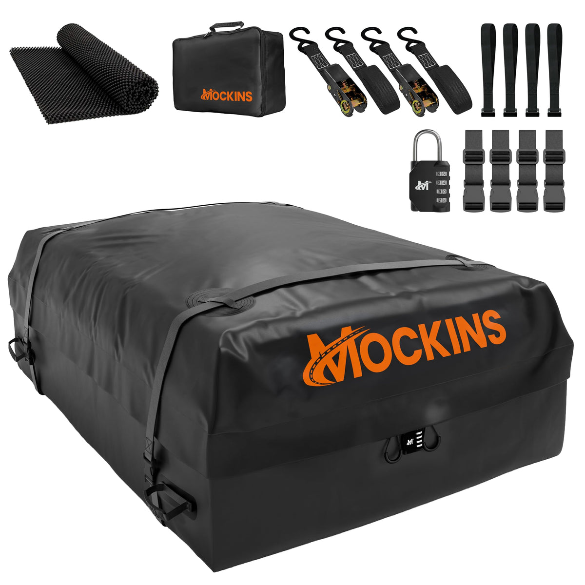 Mockins front view showing full rooftop cargo bag and capacity benefit
