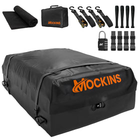 Mockins front view showing full rooftop cargo bag and capacity benefit