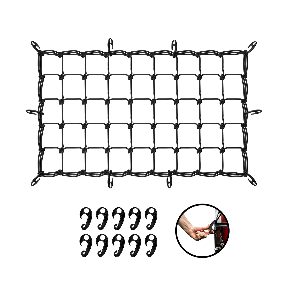 Mockins front view of net on truck bed showing secure coverage
