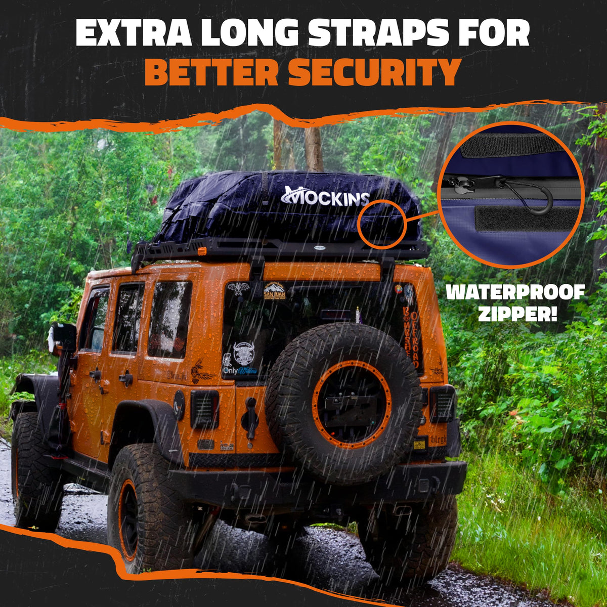 Mockins carrier installed on SUV side view demonstrating universal no-rack fit and stability