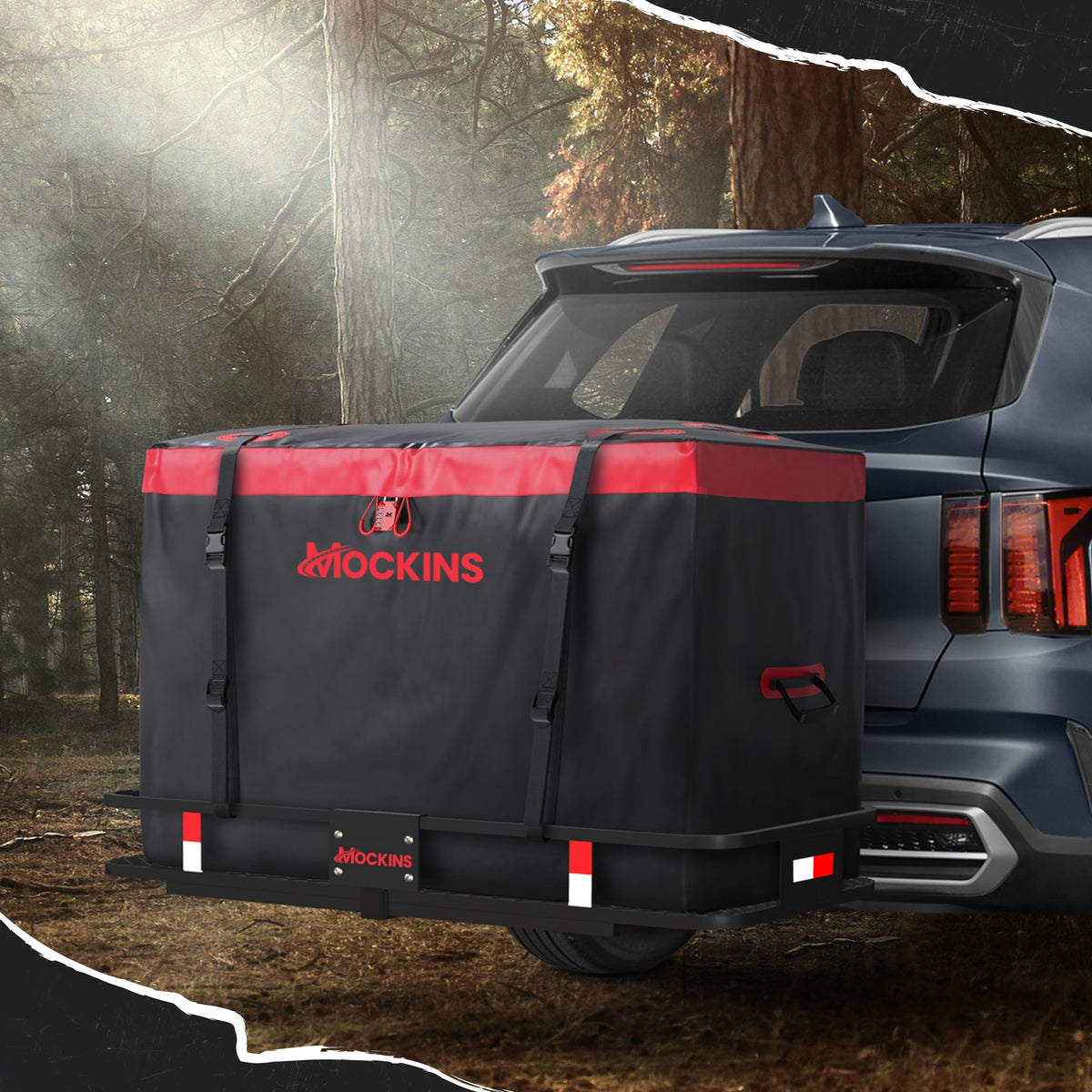 Mockins lifestyle camping setup with bag on hitch showing travel convenience