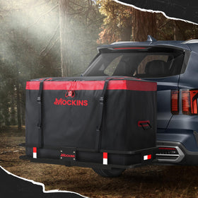 Mockins lifestyle camping setup with bag on hitch showing travel convenience