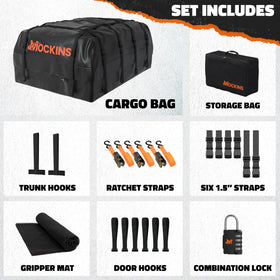 Mockins next to suitcase showing scale and 35 cu ft packing capacity