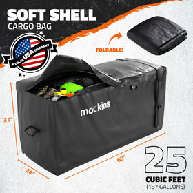 Mockins beside suitcase illustrating 25 cu ft capacity advantage