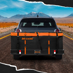 Mockins size comparison with suitcase showing added hitch cargo space