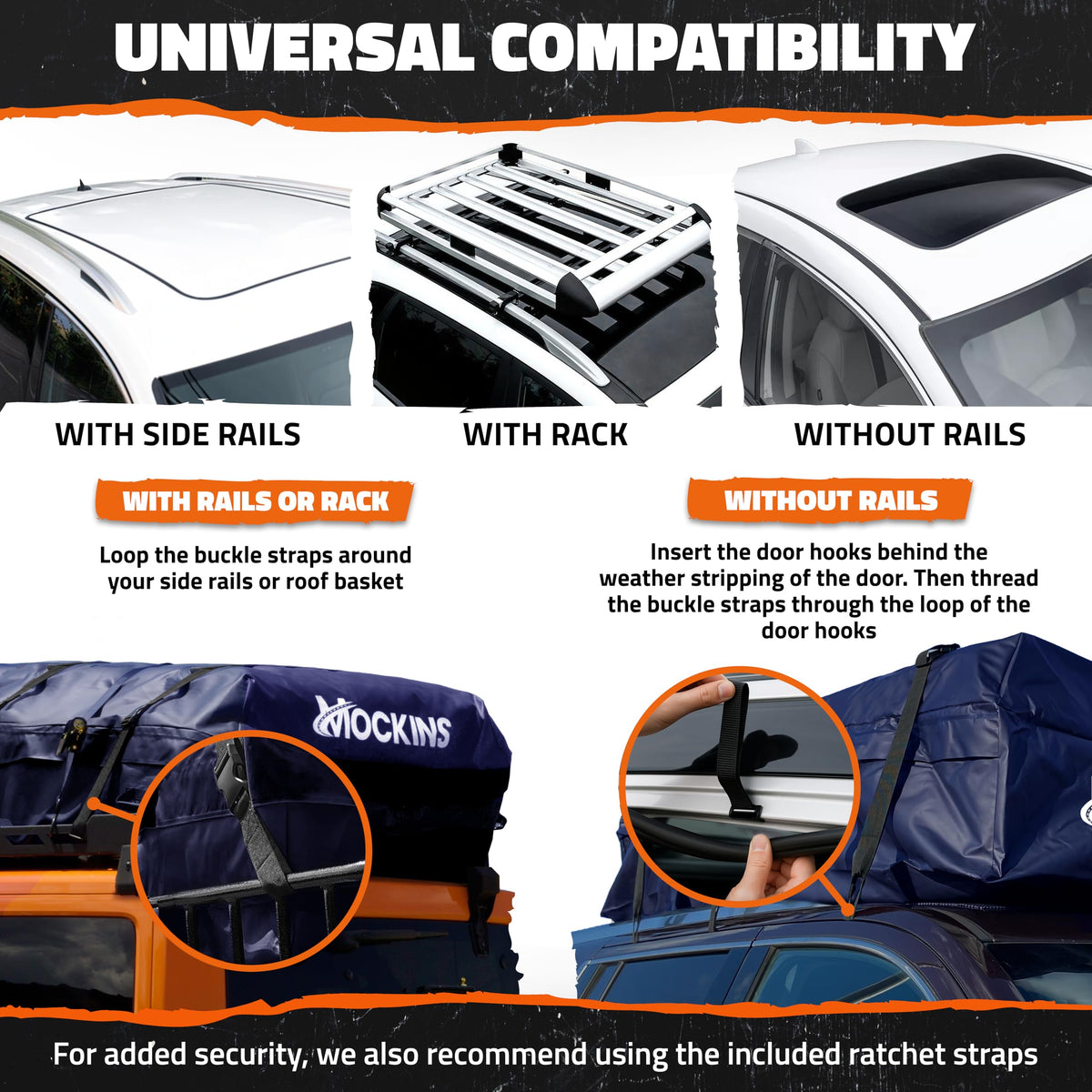 Mockins rooftop bag beside suitcases to show 30 cu ft capacity and packing convenience