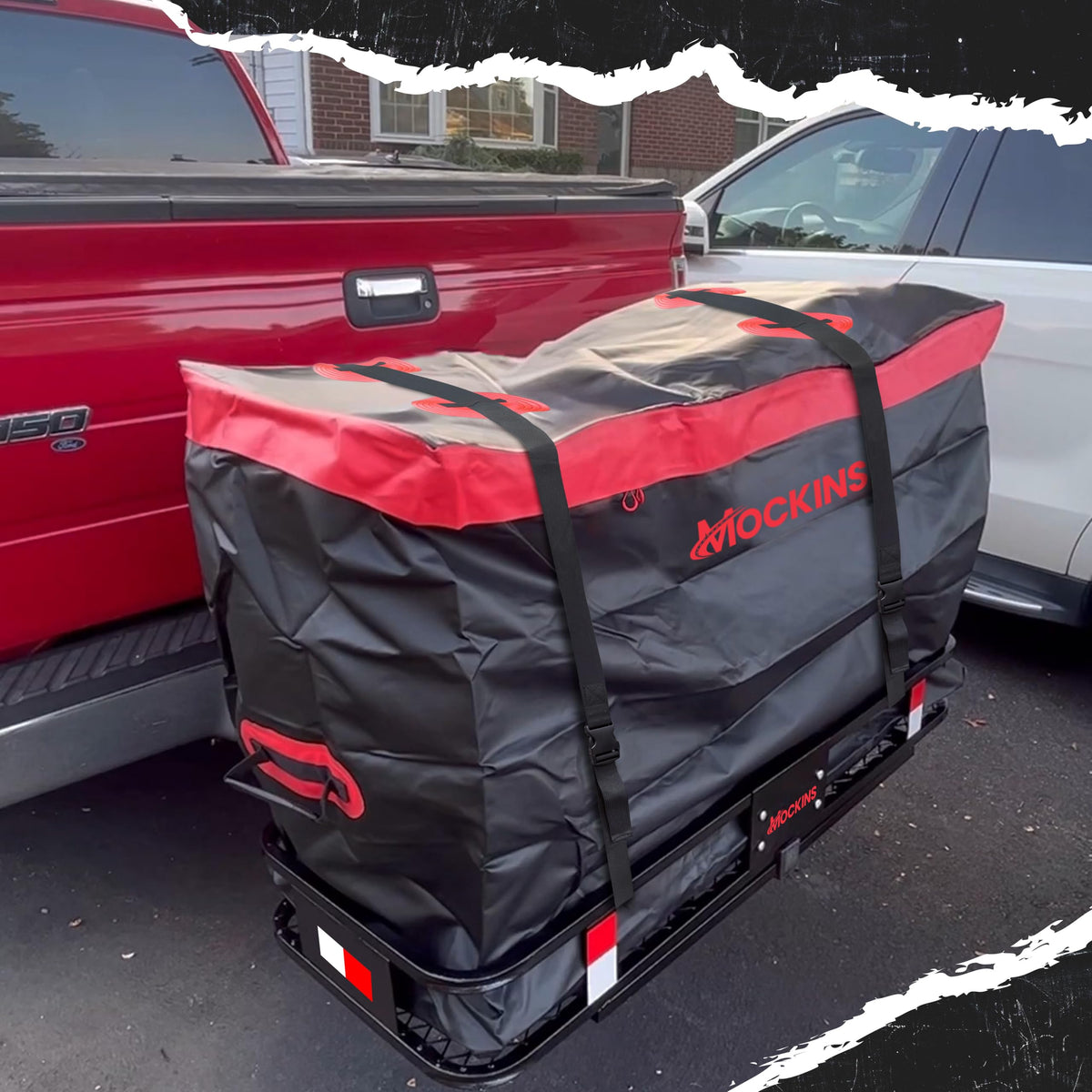 Mockins bag next to SUV for scale showing size and clear cargo capacity