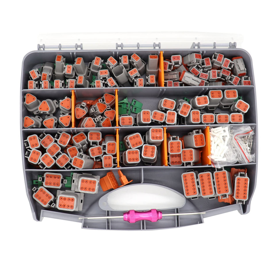 MOCW front view of full DT connector kit showing organized contents and quick access