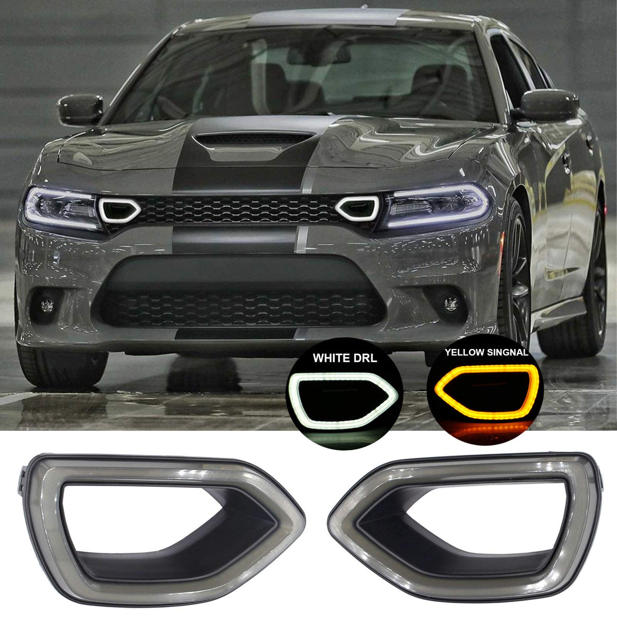 MOCW front packaging of smoked LED grille lights showing fitment and contents