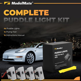 ModelMate ground projection at night showing clear Tesla logo visibility
