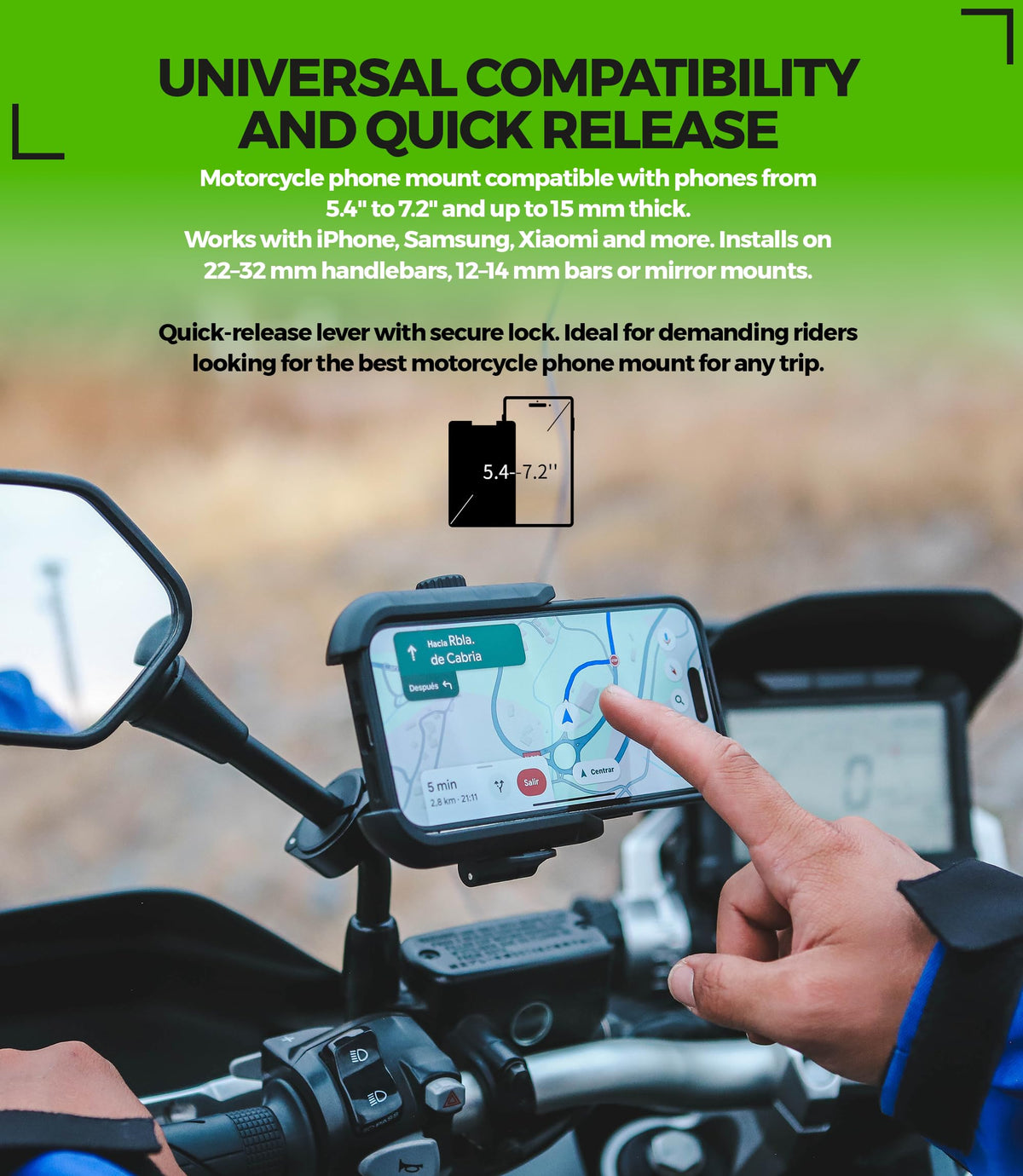 MOGGAM with phone in landscape for clear GPS and map viewing benefit