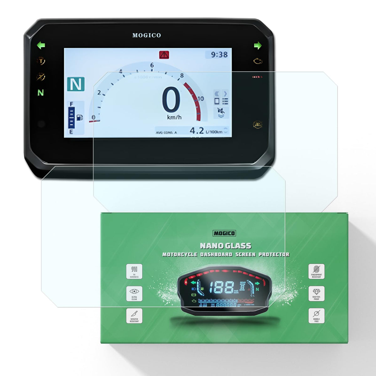 Mogico front packaging showing protector set and fit information