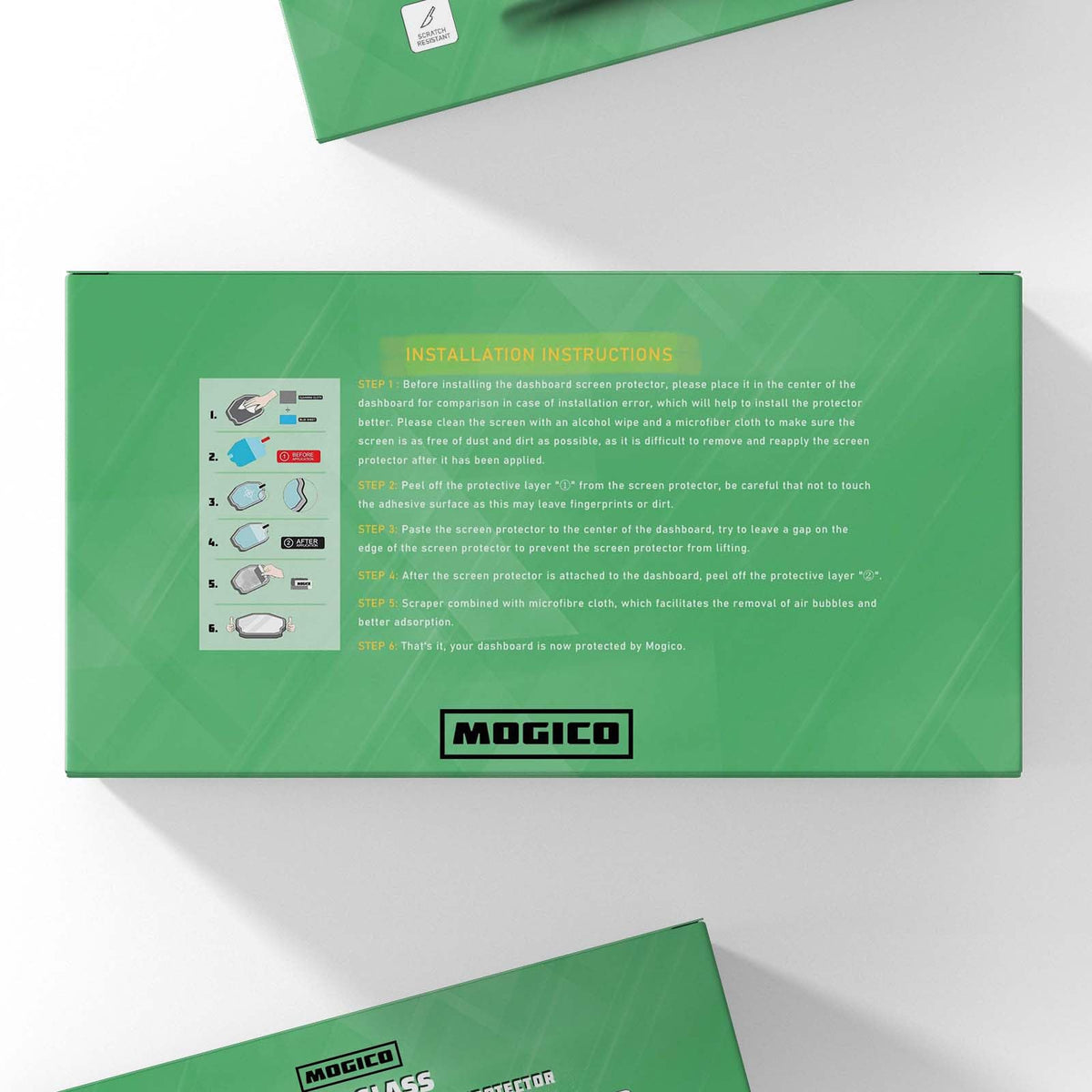 Mogico two-pack spare protectors displayed flat for convenience
