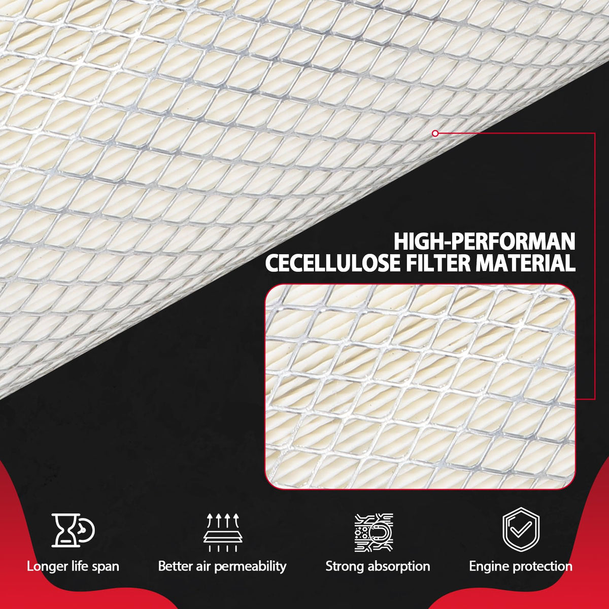 MOJIOO inner element detail highlighting fine filtration media to reduce particulate ingress