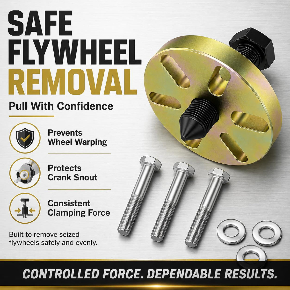 Moker puller mounted on a Polaris flywheel illustrating safe, damage-free removal