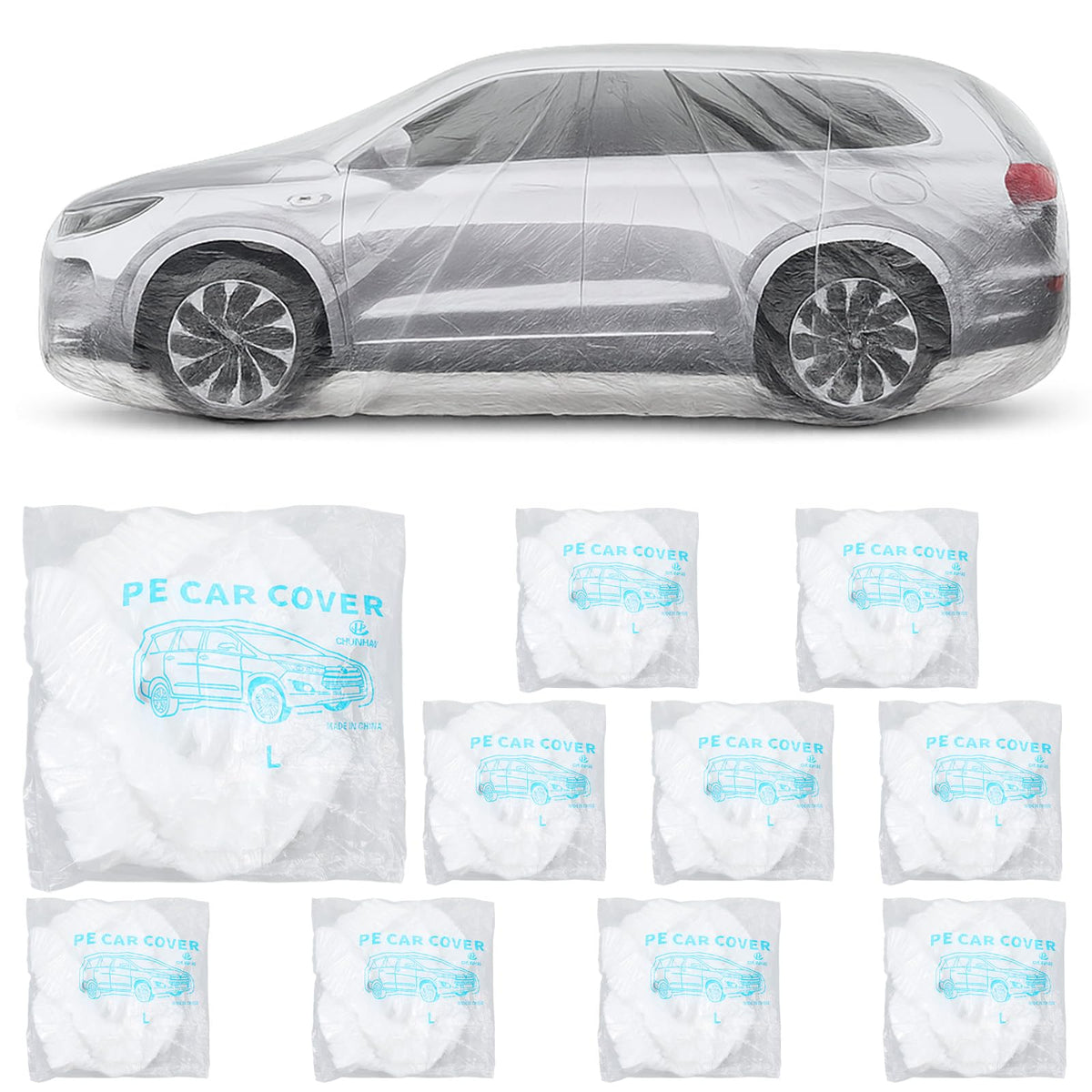 Molain front view clear cover protecting car, shows overall protection benefit