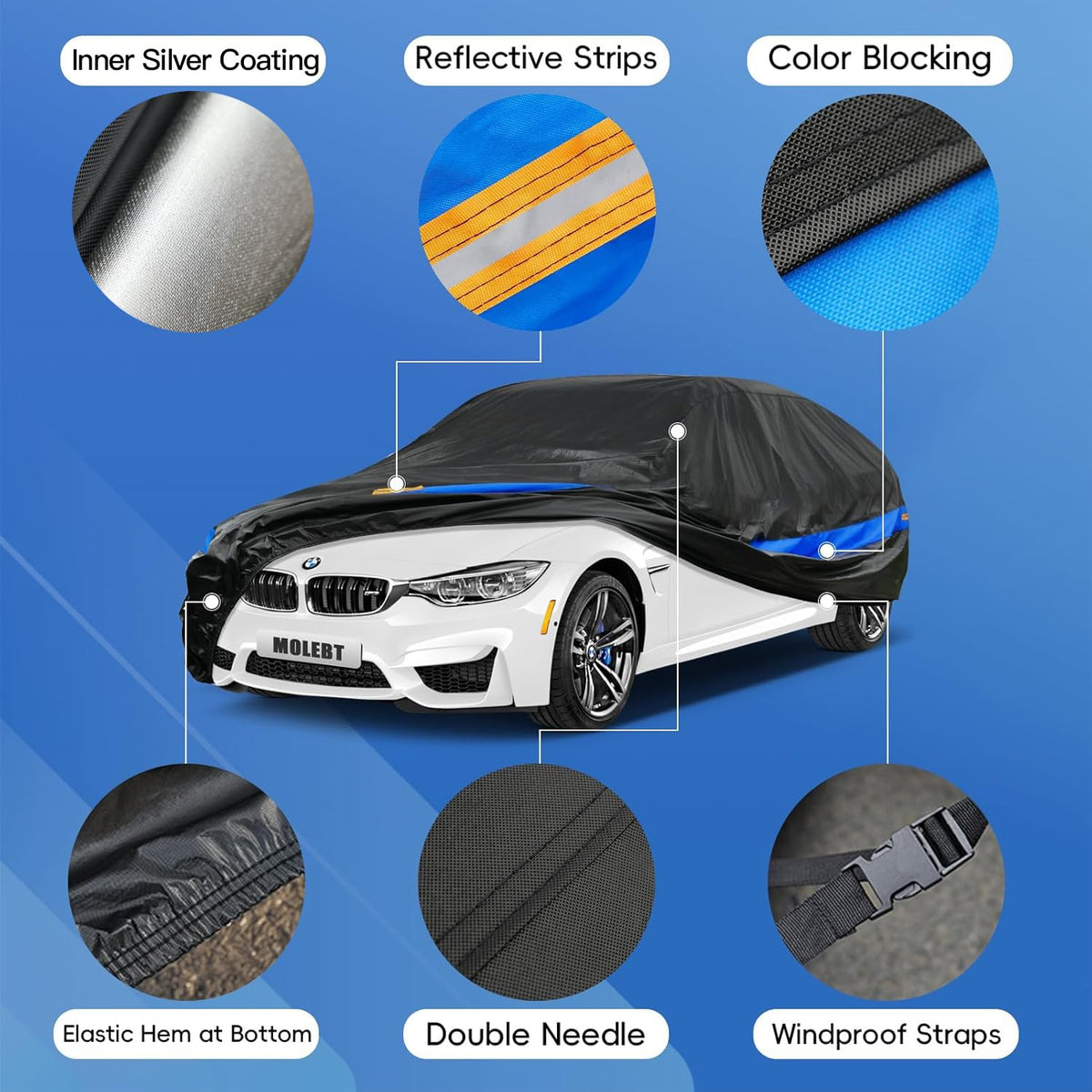 Molebt wind straps fastened under car securing cover in gusts