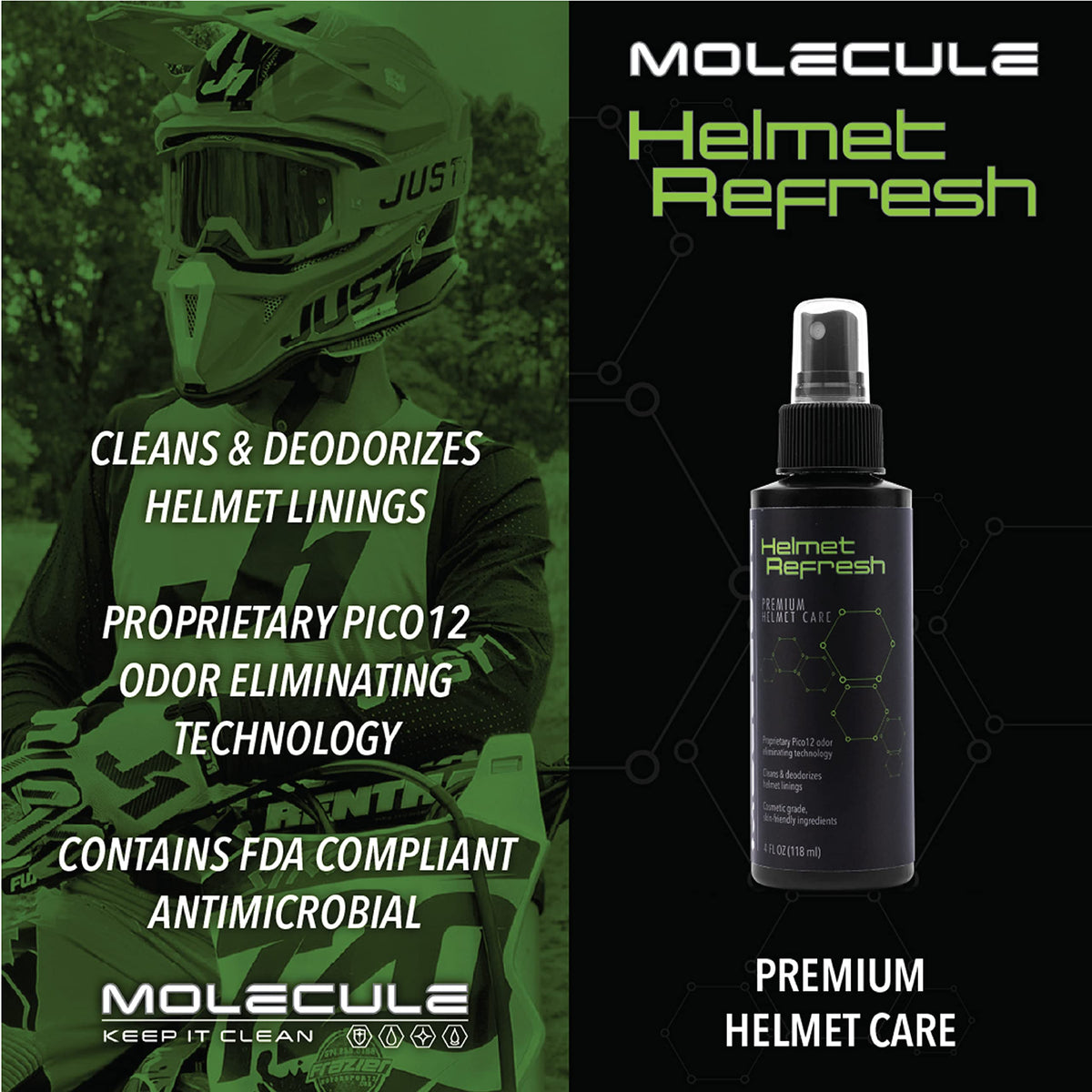 Molecule anti-fog applied to interior visor, improves visibility in humid conditions