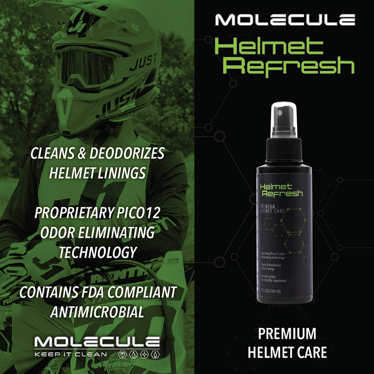 Molecule helmet refresh spraying liner to neutralize odors and moisture