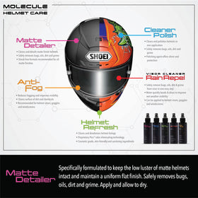 Rider using Molecule kit beside motorcycle, maintains matte finish and clear sightlines