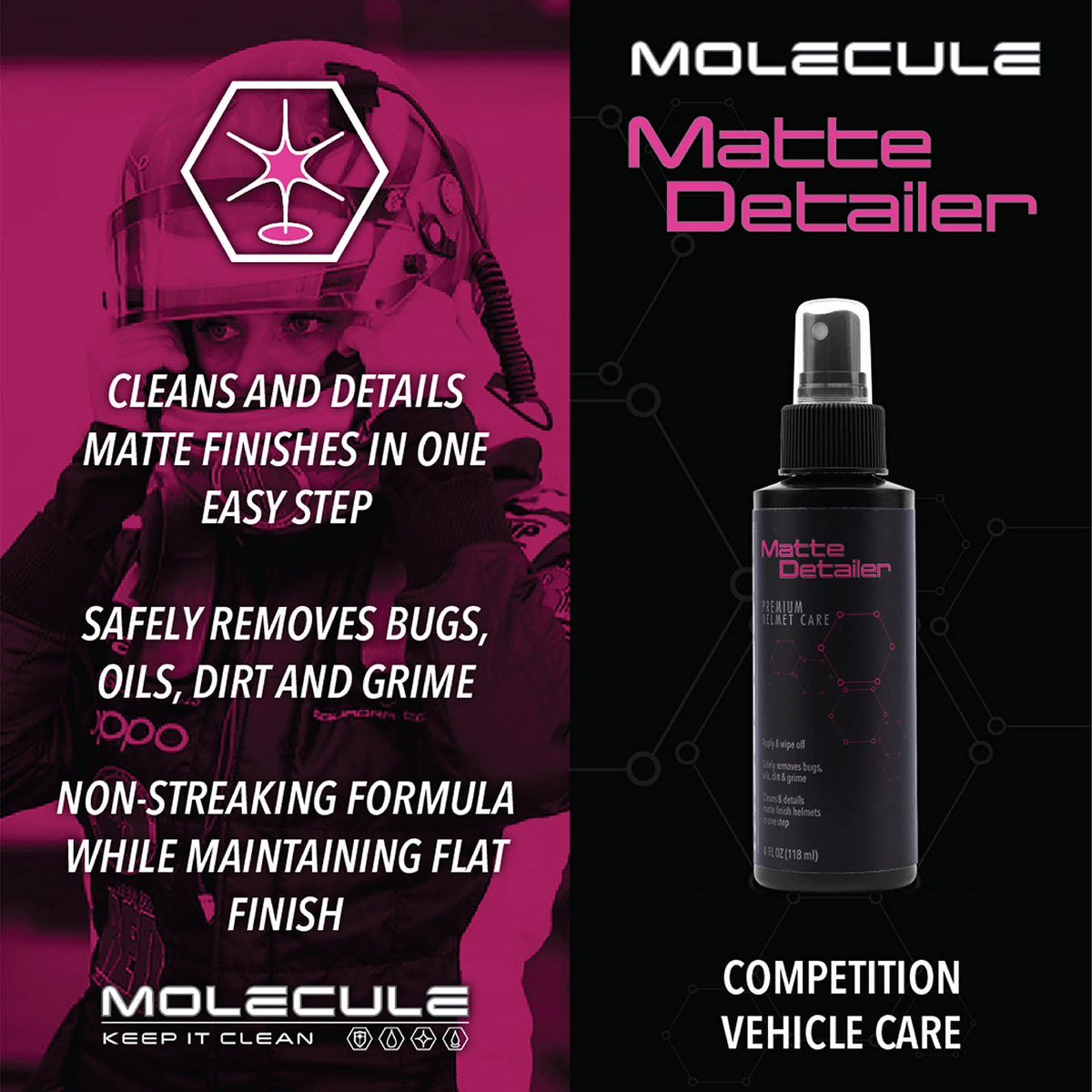Molecule matte detailer close-up spray nozzle demonstrating gentle cleaning action