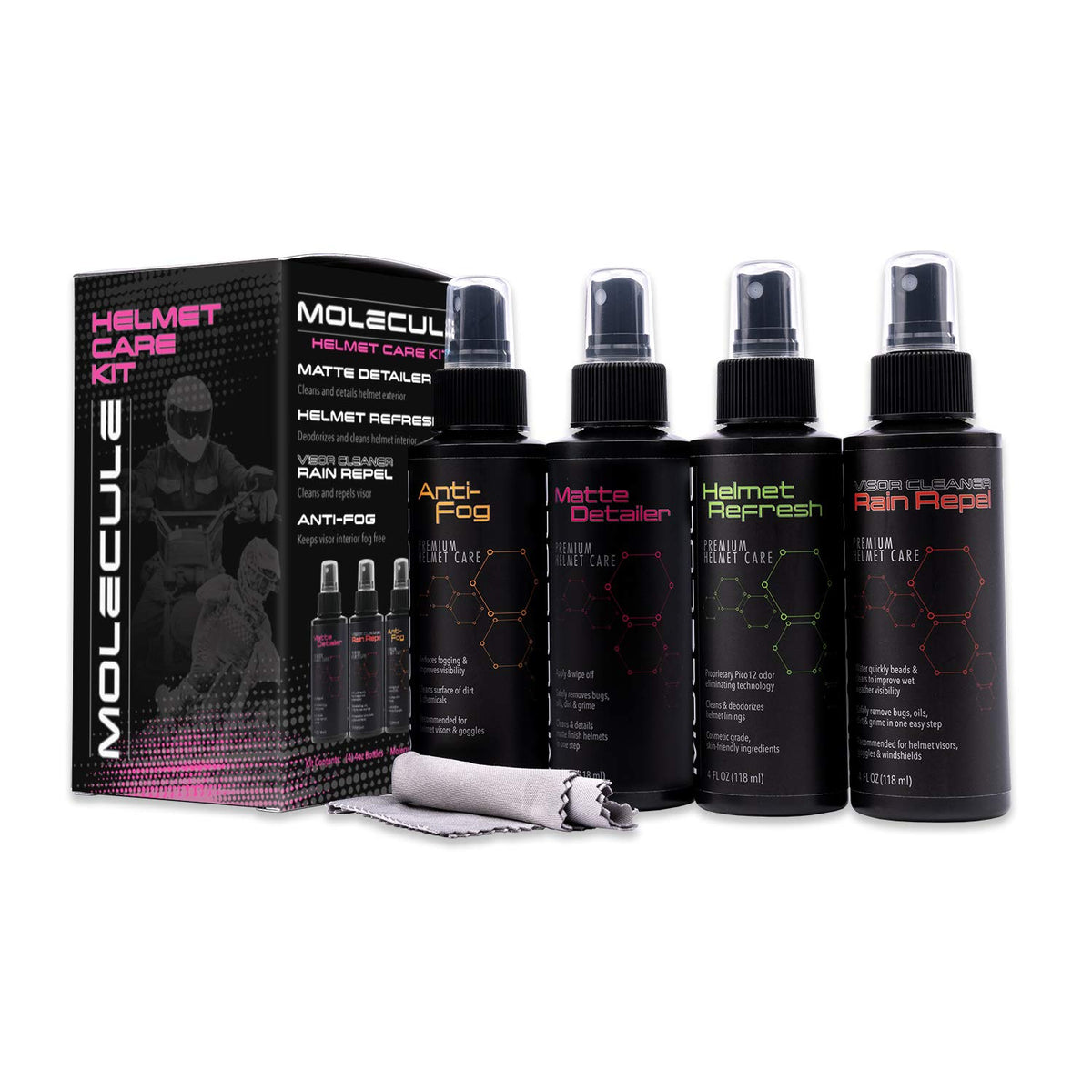 Molecule kit front packaging showing all four 4oz bottles and labels, clean storage benefit