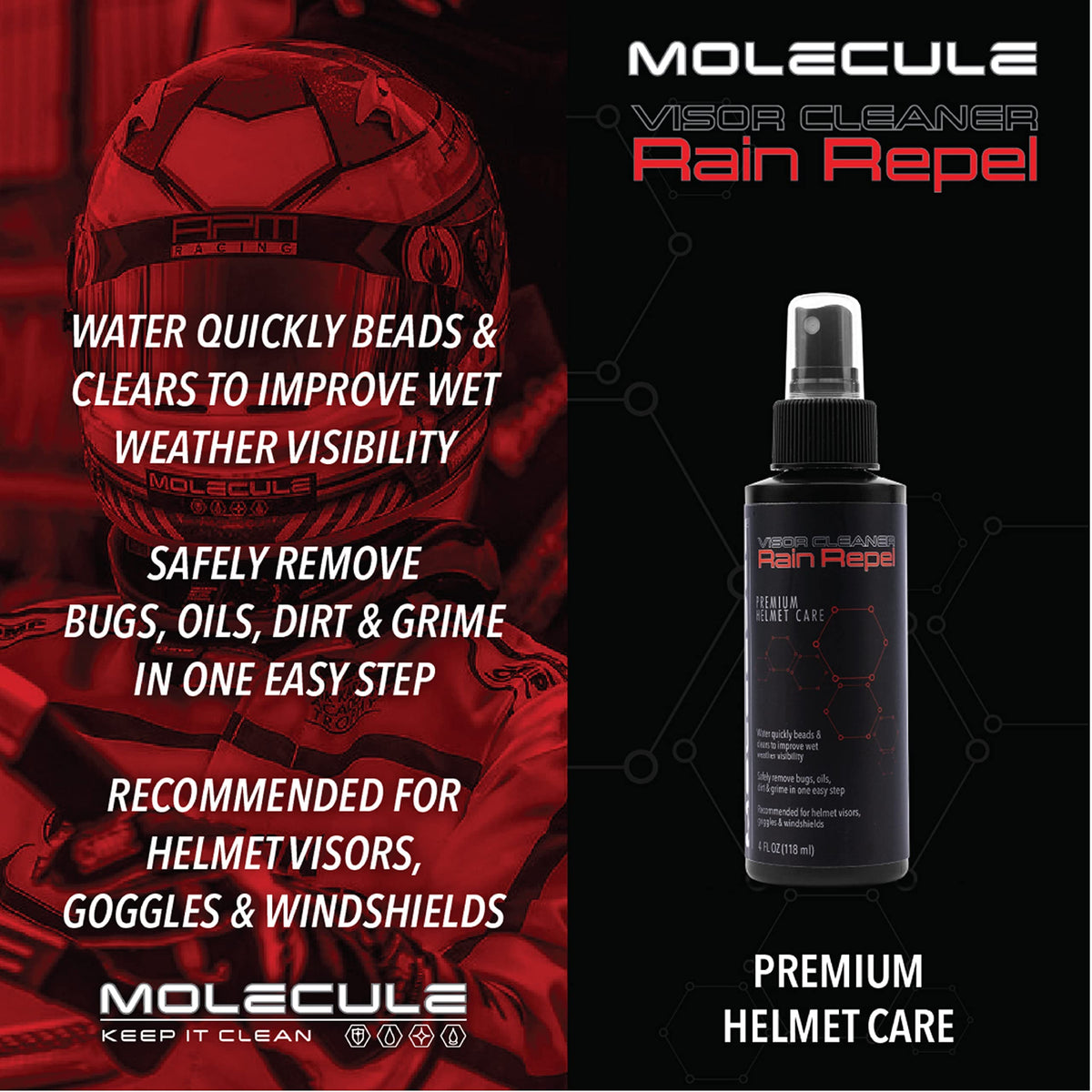 Molecule rain repel demo with water beading for better wet-weather sight