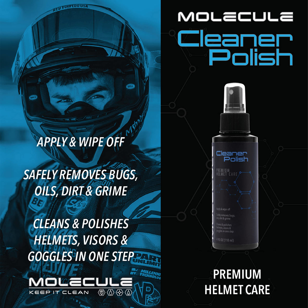 Molecule cleaner polish close-up wiping away dirt to reveal clear visor