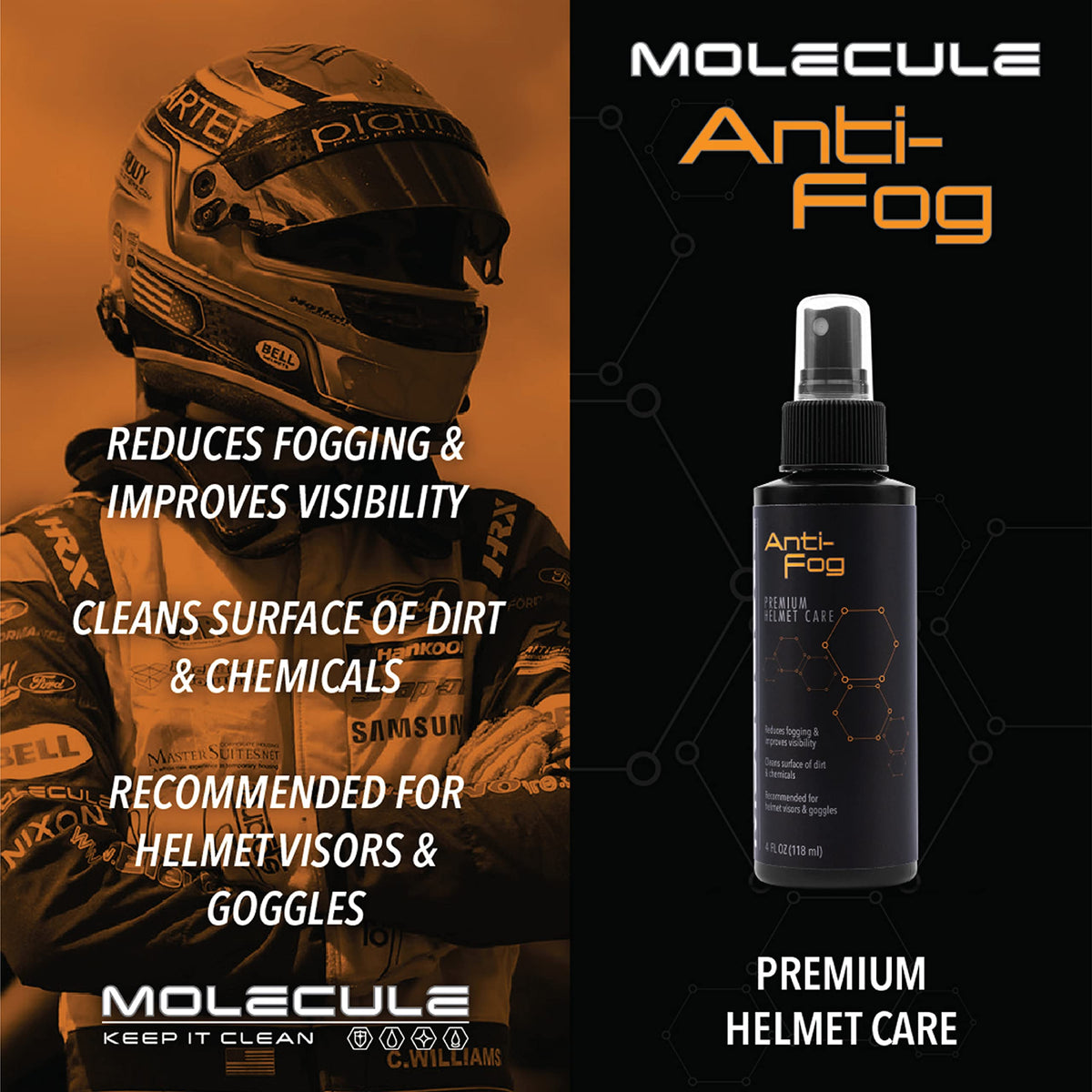 Molecule visor cleaner being applied to a helmet visor, repels rain for clearer vision