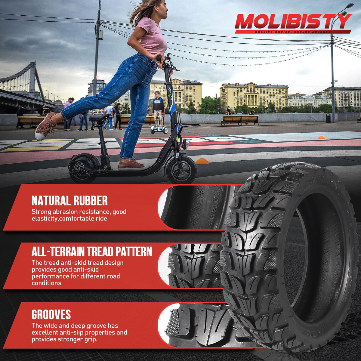 Molibisty tire mounted on scooter demonstrating fit and enhanced control