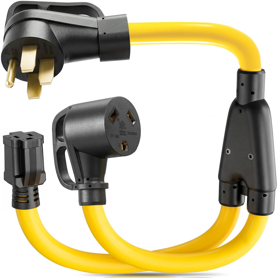 MOMUZLLY front view of 14-50P male plug showing rugged design and secure fit