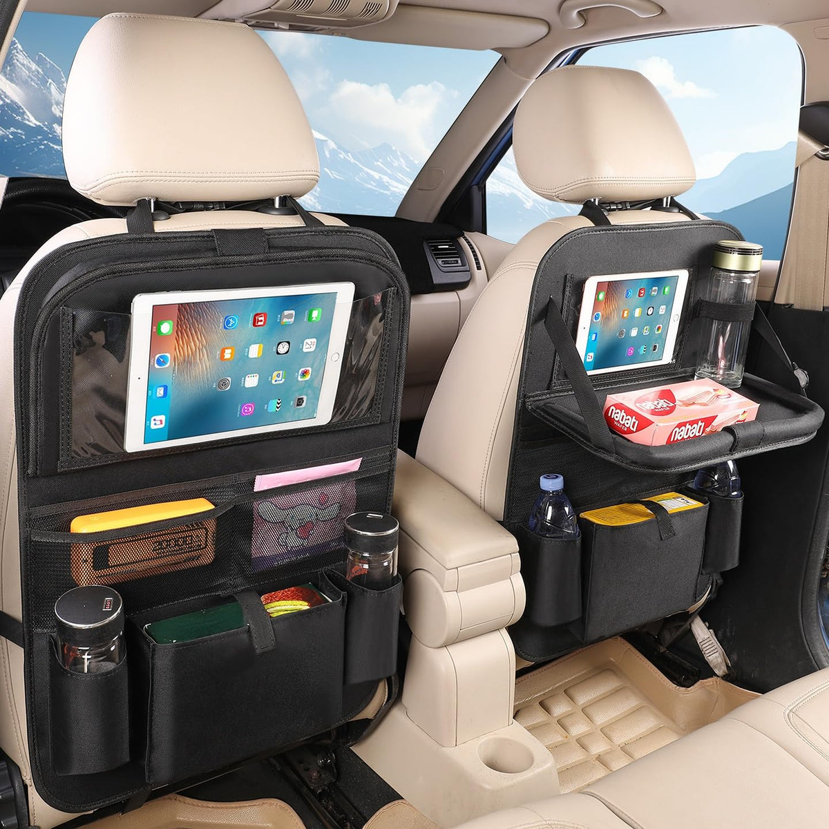 MONKONAR front view organizer showing full-seat protection and easy cleaning benefit