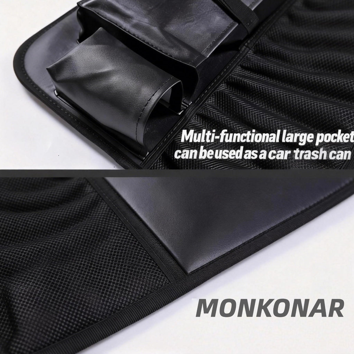 MONKONAR detail of nine pockets, organizes devices, bottles, and toys neatly