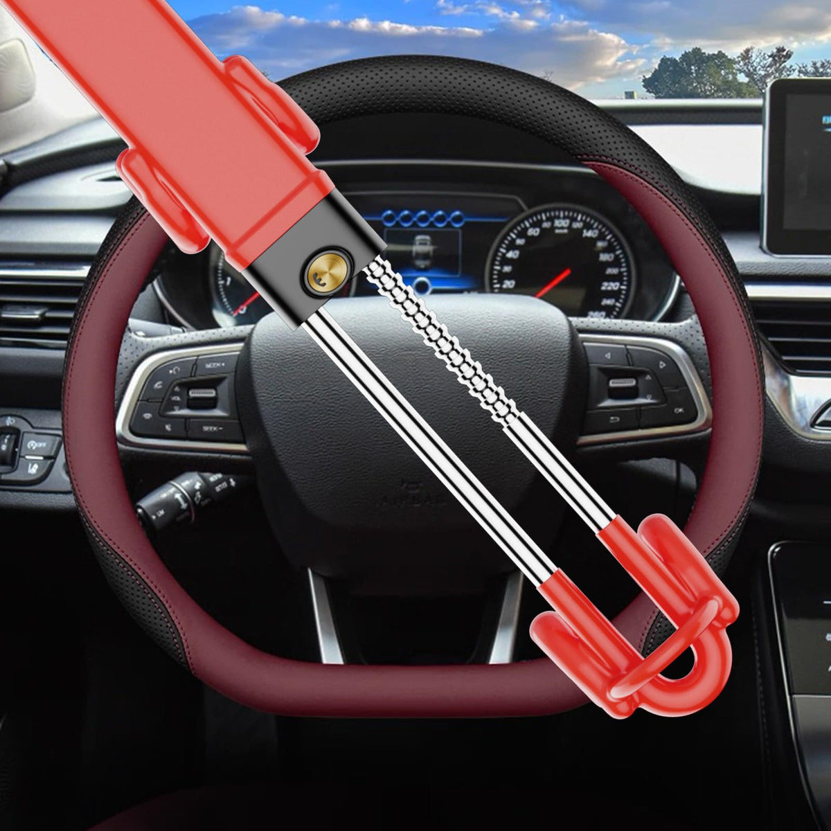 MONOJOY lock in parked car scene emphasizing visible deterrent and peace of mind