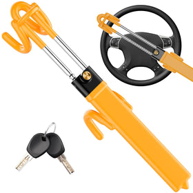 MONOJOY front view of yellow steering wheel lock showing full double-hook design and bright deterrent