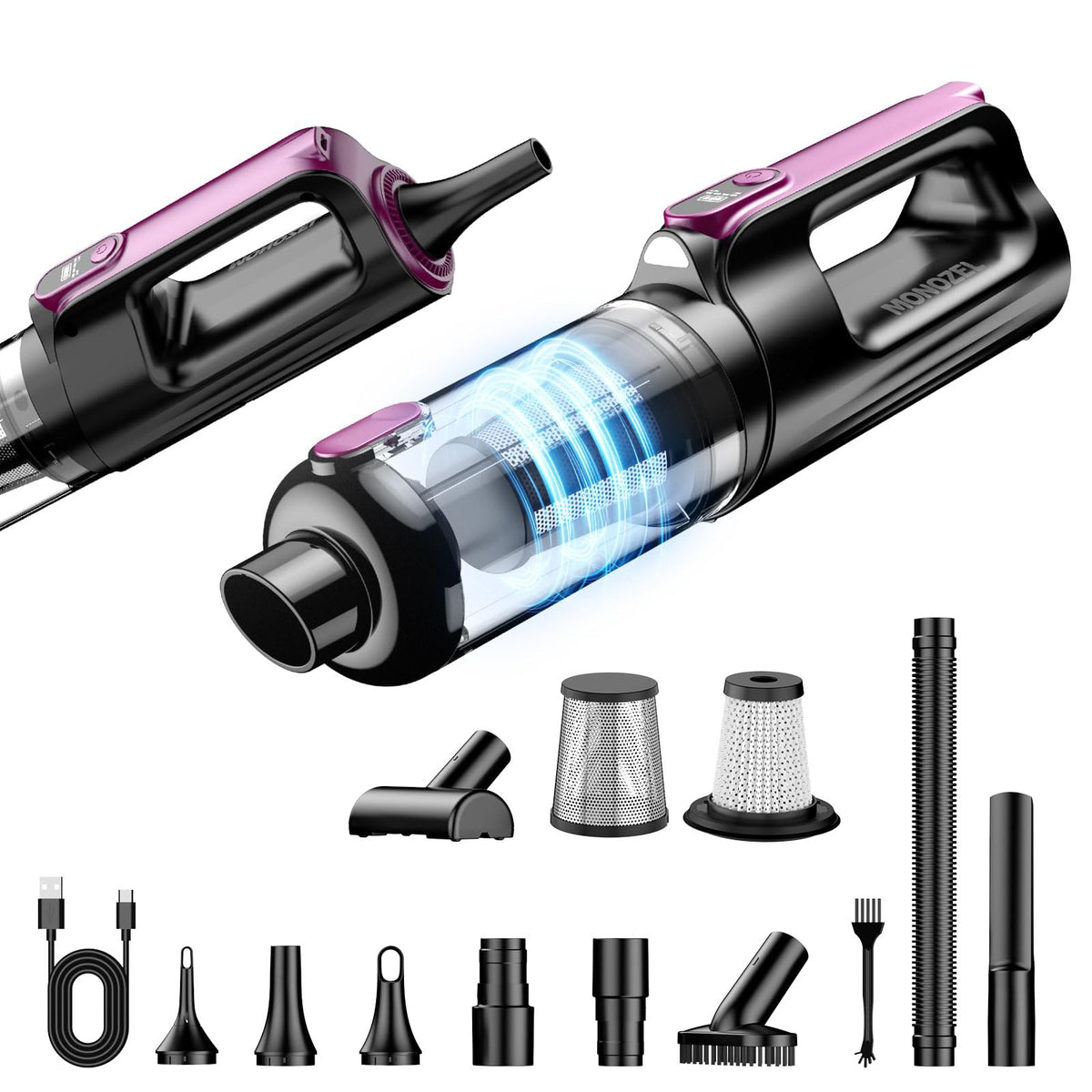 MONOZEL handheld vacuum front view showing compact design and strong suction benefit