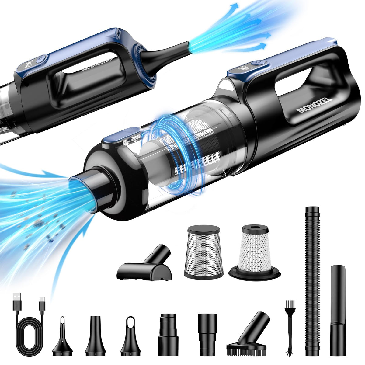MONOZEL handheld vacuum front view shows compact design and quick cleanup benefit
