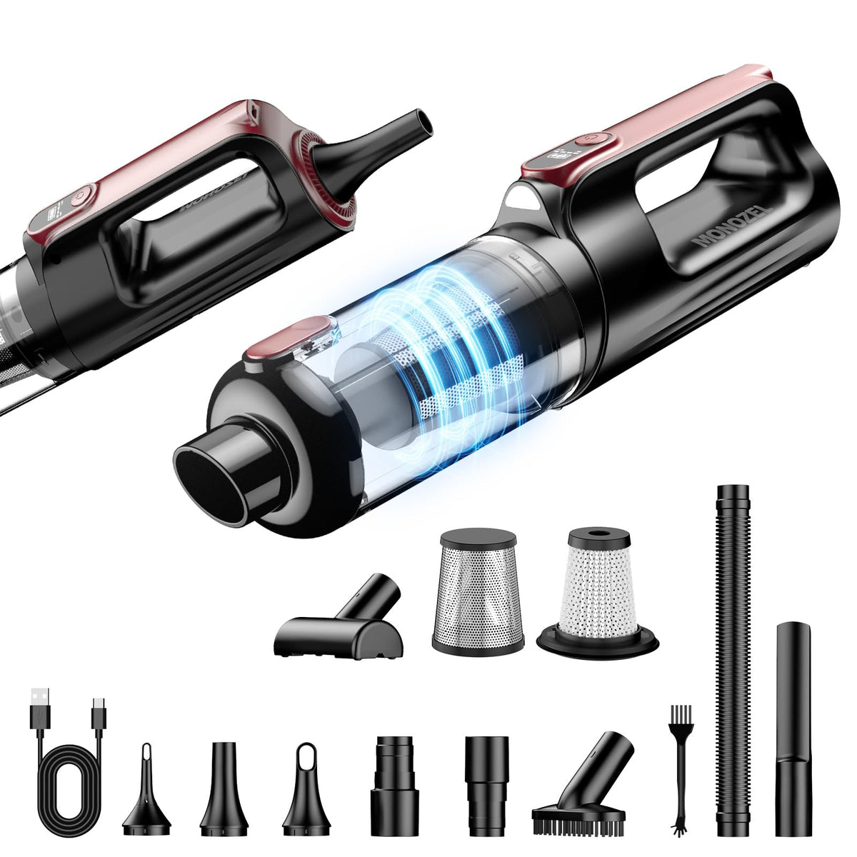 MONOZEL handheld vacuum front view showing included nozzles and compact storage benefit