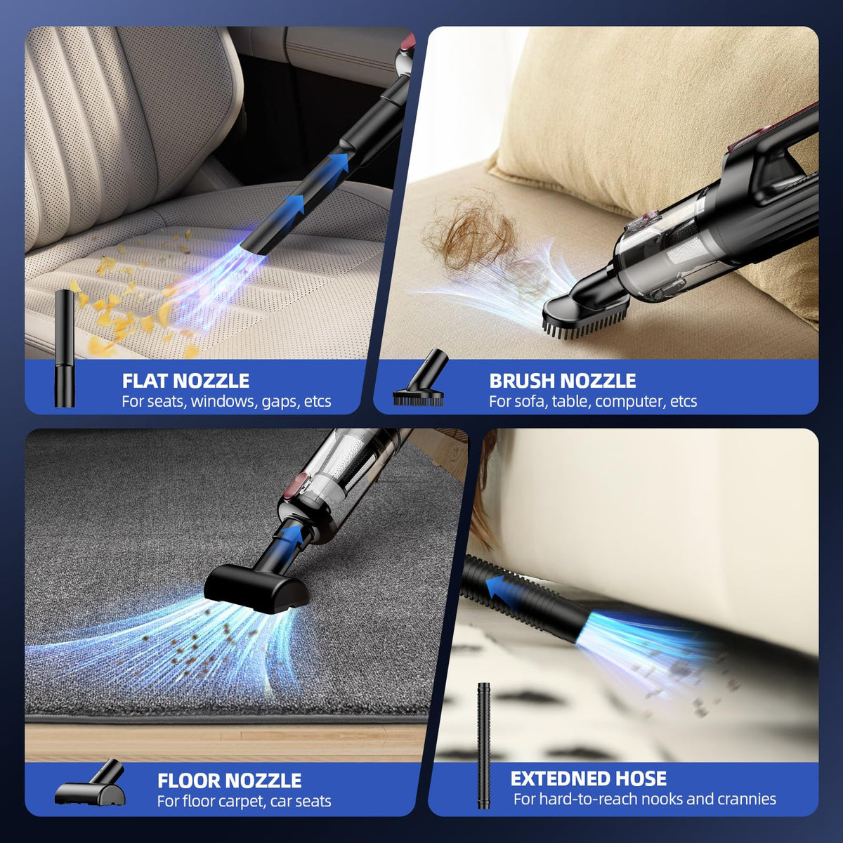 MONOZEL using crevice tool on car seat showing efficient crumb removal