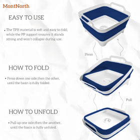 MontNorth folded basin flat navy demonstrating compact storage and space-saving benefit