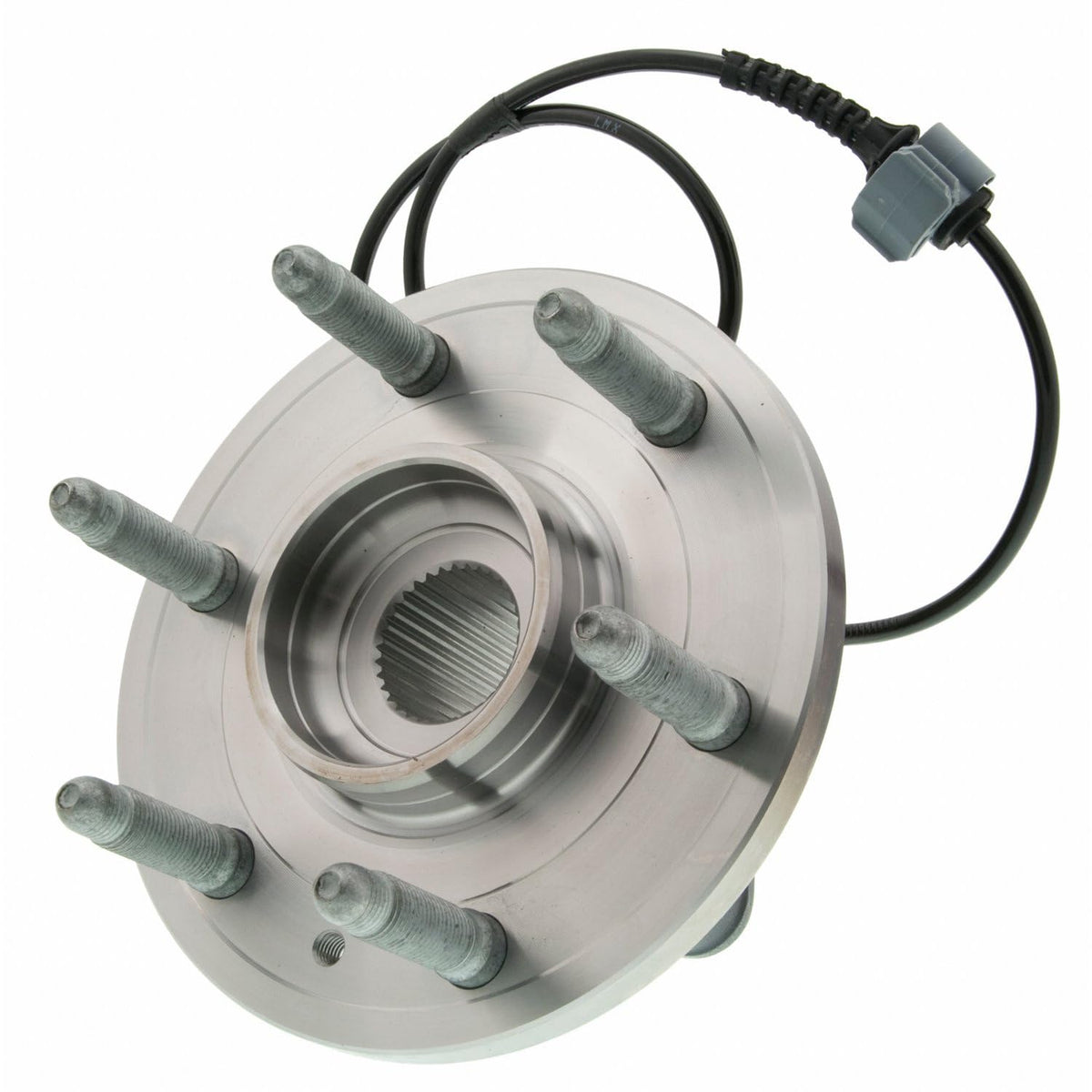 MOOG front hub assembly front view showing mounting face and coated studs for reliable wheel mounting