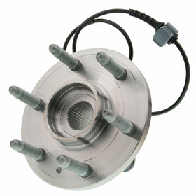 MOOG front hub assembly front view showing mounting face and coated studs for reliable wheel mounting
