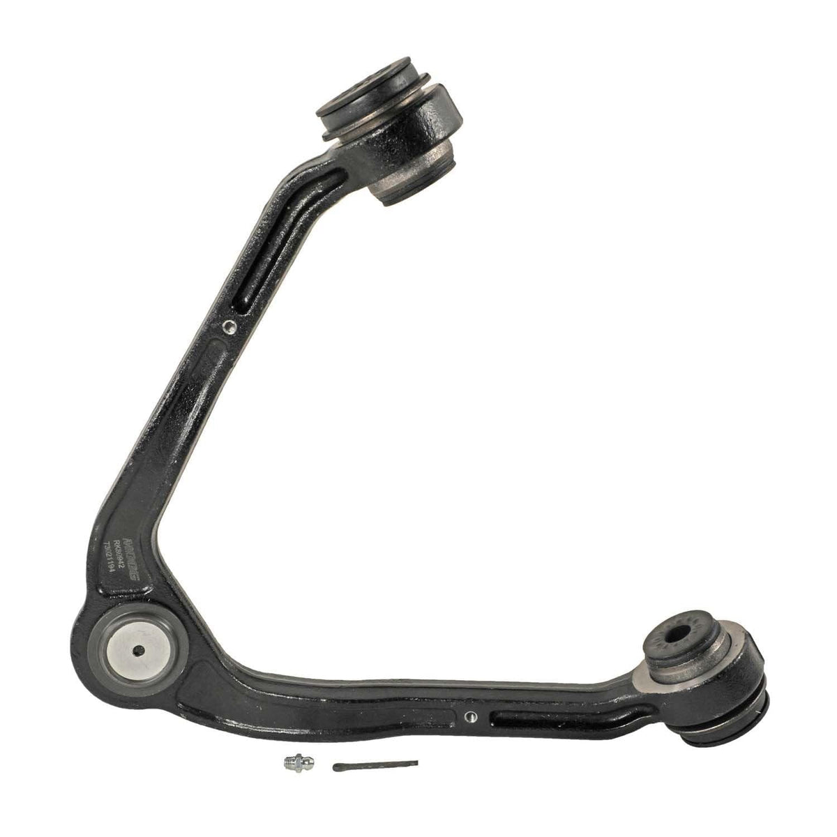 MOOG front upper ball joint front view showing mounting points and direct-fit benefit
