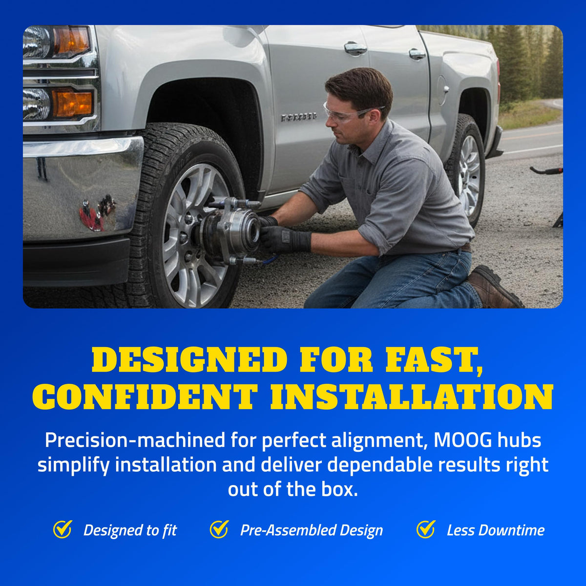 MOOG hub installed on Silverado front wheel showing correct fitment benefit
