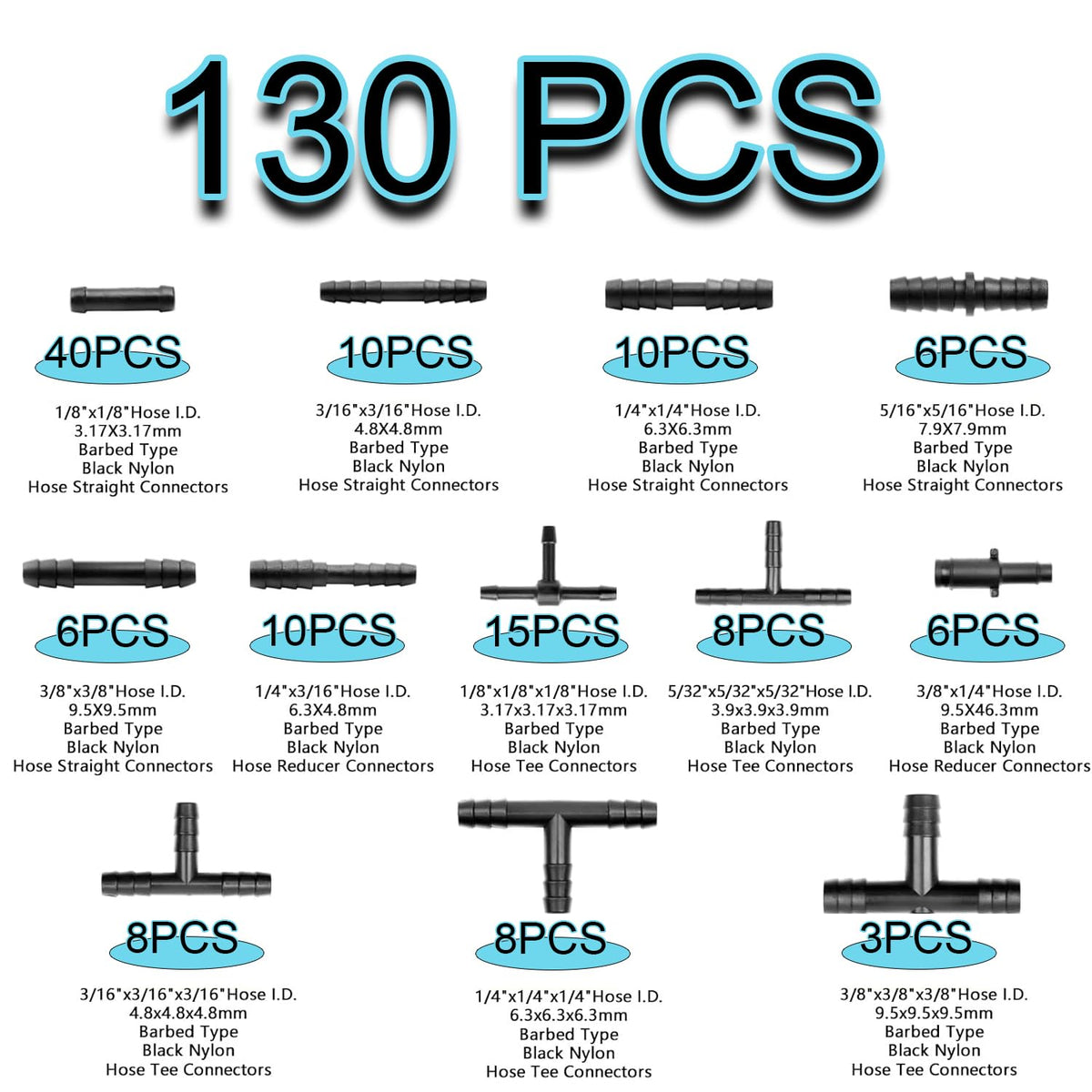 MooiYrs assorted connectors arranged showing complete 130-piece connector set