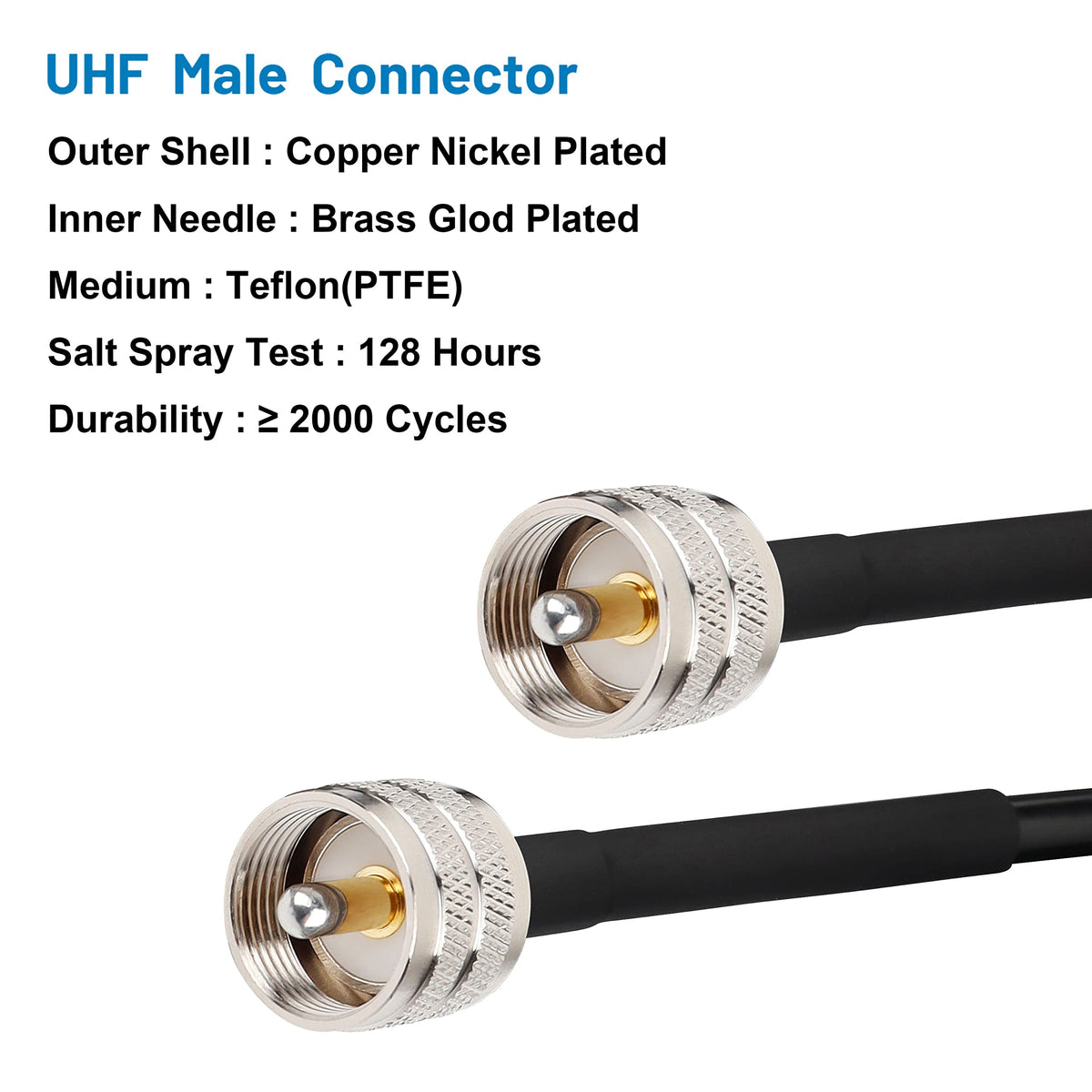 MOOKEERF close-up of PL259 connector showing reinforced heat-shrink protection