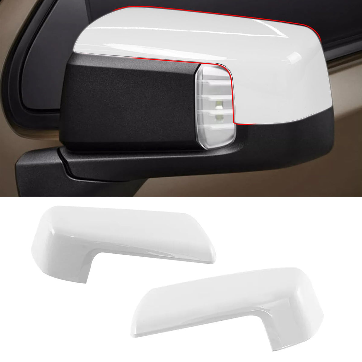 Moonlinks front view white mirror covers showing crisp OEM look and improved aesthetics
